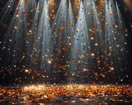 Golden confetti, central stage light beam, empty room at night, festive and vibrant, mockup for award ceremonies, jubilees, New Years parties, product reveals