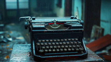 Vintage old typewriter with paper under the rain