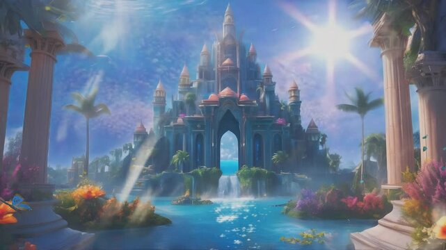 imagine a fantasy nuance of the beauty of the Atlantis palace garden with sturdy pillars and blooming flowers, seamless looping time lapse virtual 4k video animation background.