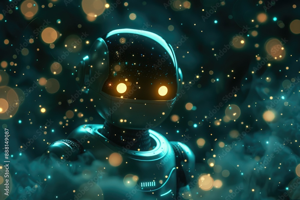 Poster a robot with glowing lights standing in a field, a glowing robot surrounded by a field of floating, 