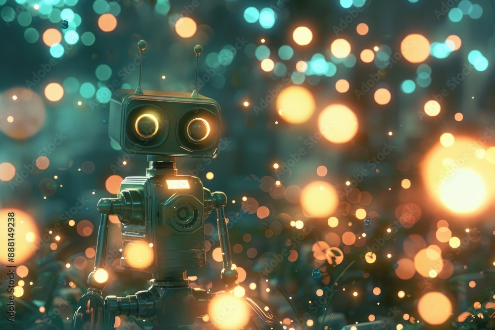 Poster a glowing robot surrounded by a field of floating, luminous particles, ai generated