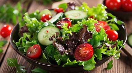 A fresh garden salad with leafy greens, cherry tomatoes, and cucumbers on a wooden table, emphasizing a nutritious meal