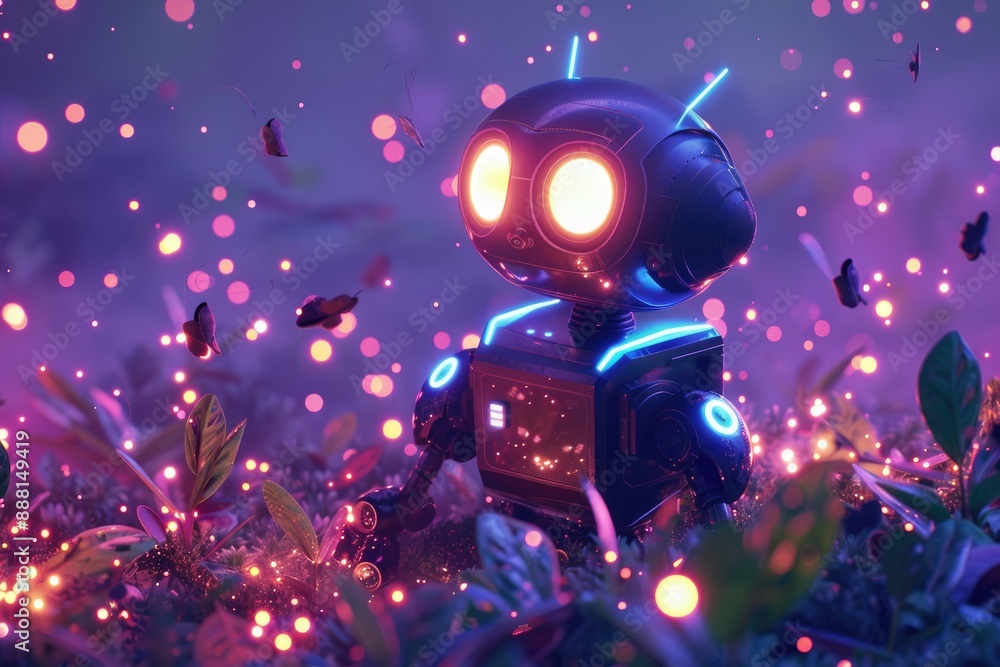 Poster a field with a robot emitting light, a glowing robot surrounded by a field of floating, luminous par