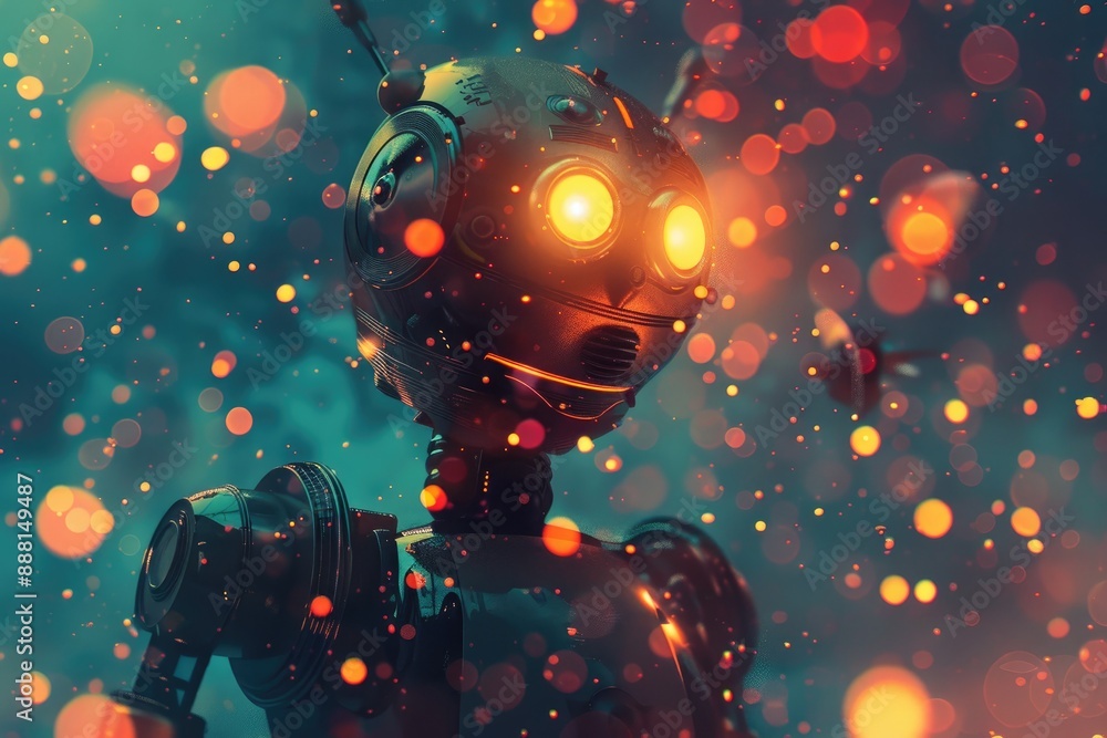 Poster a field with a robot emitting light, a glowing robot surrounded by a field of floating, luminous par
