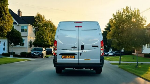Delivery van drives through beautiful suburban city area. Postal delivery service.