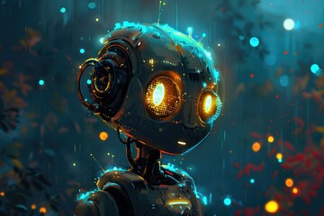 An AI-powered humanoid robot standing in a digital world, showcasing the future of artificial intelligence, A glowing robot with a mesmerizing, hypnotic shimmer that captivates onlookers, AI generated
