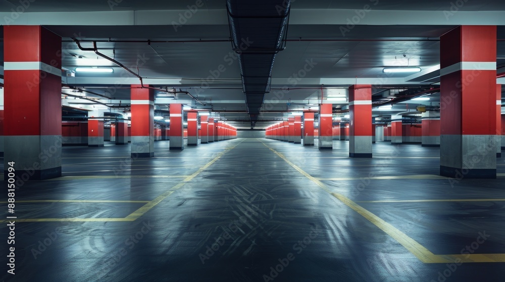 Poster empty parking garage with red and white columns