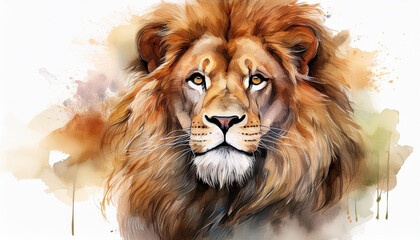 Fototapeta premium Watercolor painting of majestic lion with flowing mane, isolated on a white background. Wild animal