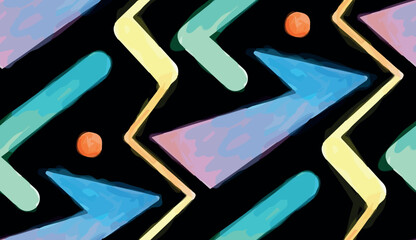 Geometric 90s memphis style seamless pattern with colorful shapes and zigzag lines. Vector graphics for background or textile design.