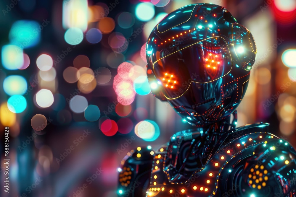 Poster a robot with glowing eyes and a futuristic design, a glowing robot with a mosaic of pulsing lights c