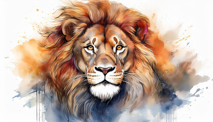 Watercolor painting of majestic lion with flowing mane, isolated on a white background. Wild animal