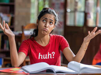 young indian female student reading book with confused expression