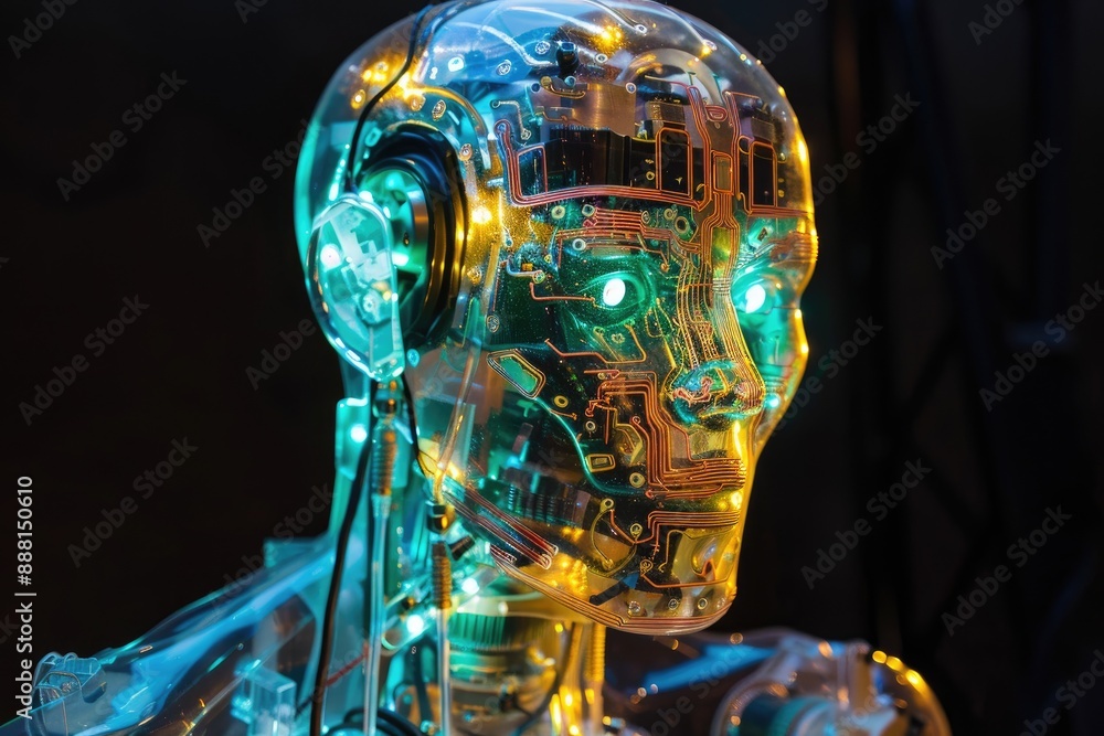 Poster a high-tech robot with glowing eyes standing still, a glowing robot with intricate circuit patterns 