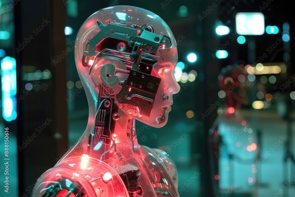 Poster a high-tech robot with glowing eyes standing still, a glowing robot with intricate circuit patterns 