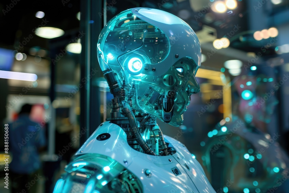 Poster a high-tech robot with glowing eyes standing still, a glowing robot with intricate circuit patterns 