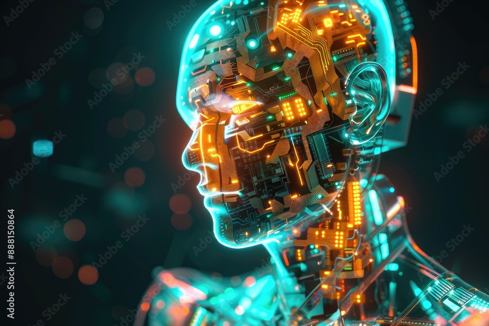 Poster a glowing robot with intricate circuit patterns visible beneath its translucent casing, ai generated