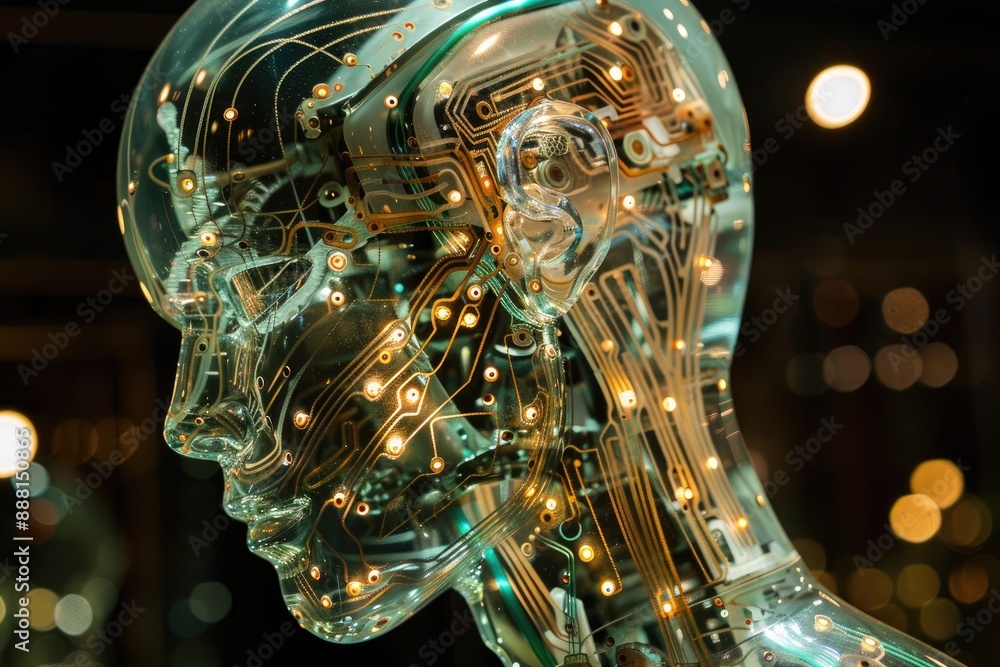 Poster a glowing robot with intricate circuit patterns visible beneath its translucent casing, ai generated