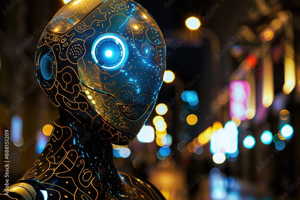 Poster a robot with glowing eyes standing in a dark room, a glowing robot with intricate circuit patterns v