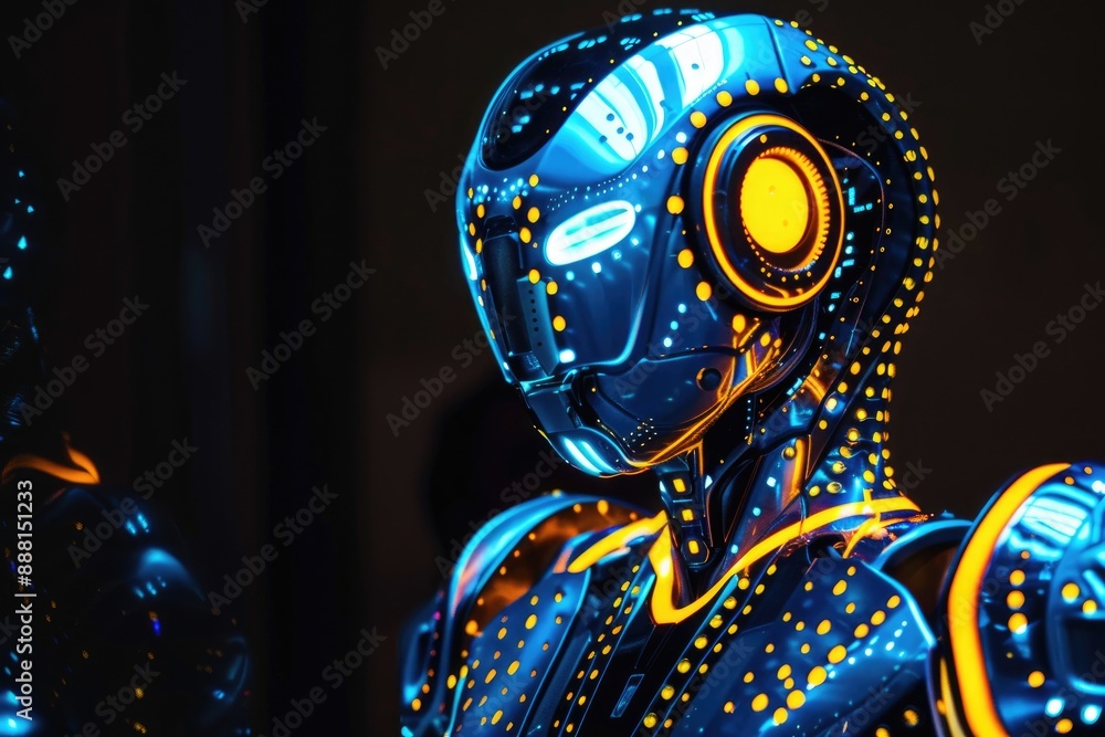 Poster a robot with glowing eyes standing in a dark room, a glowing robot with intricate circuit patterns v