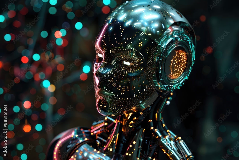 Poster a robot with glowing eyes standing in a dark room, a glowing robot with intricate circuit patterns v