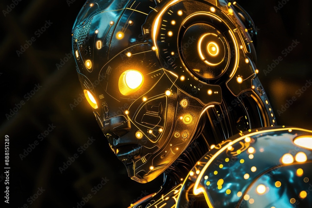 Poster a robot with glowing eyes standing in a dark room, a glowing robot with intricate circuit patterns v