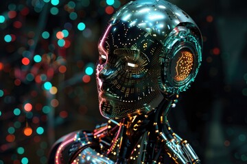 A robot with glowing eyes standing in a dark room, A glowing robot with intricate circuit patterns visible beneath its translucent casing, AI generated