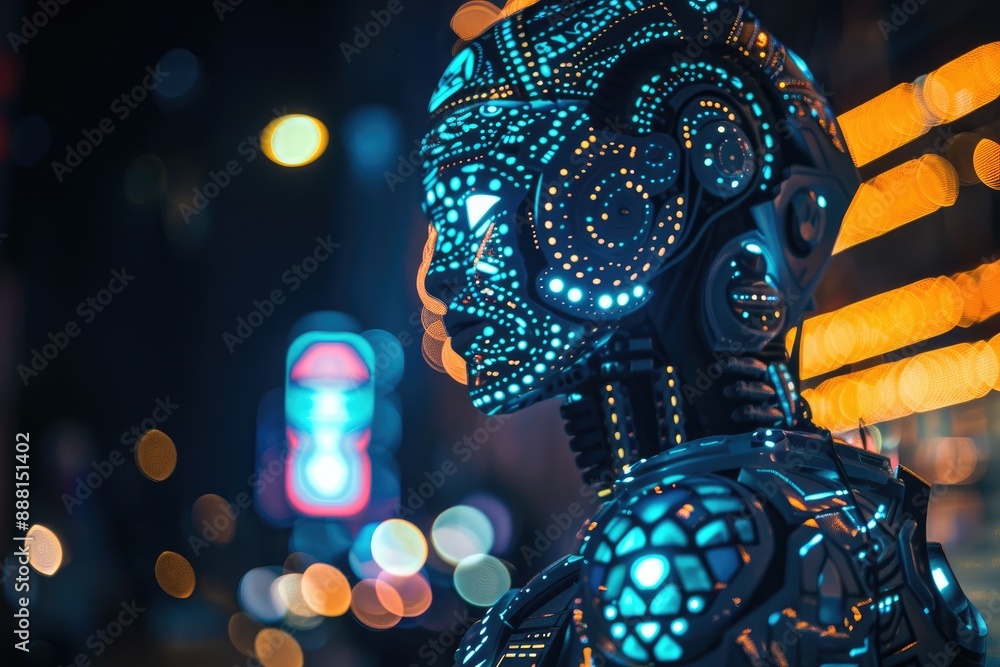 Poster a futuristic robot with glowing eyes in a shadowy setting., a glowing robot with intricate circuit p