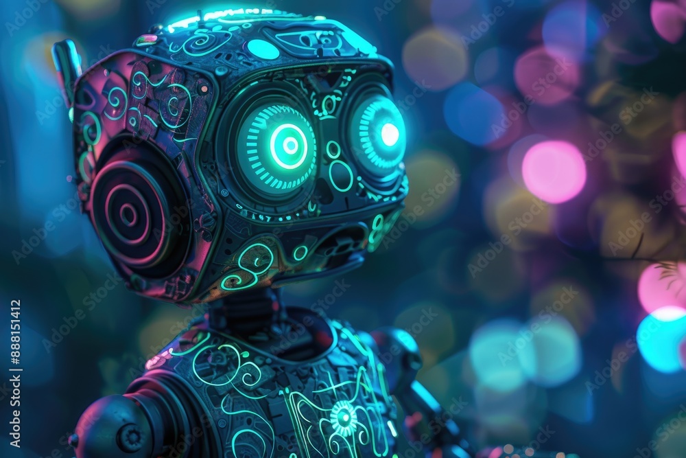 Poster a futuristic robot with glowing eyes in a shadowy setting., a glowing robot with intricate circuit p