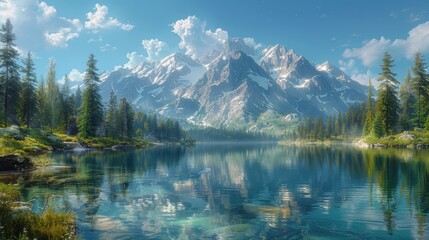 Watercolor landscape of a serene mountain lake surrounded by lush green forests and towering peaks.