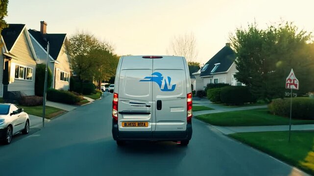 Delivery van drives through beautiful suburban city area. Postal delivery service.