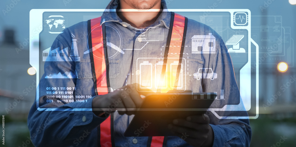 Poster concept of eco system on screen. engineer using augmented reality technology on tablet at industrial
