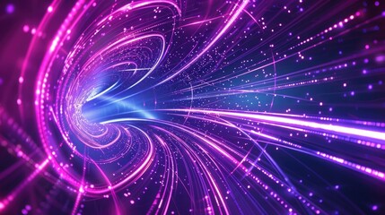 Obraz premium Vibrant abstract neon background featuring a space tunnel twisting to the left, illuminated by ultra violet rays and glowing lines, 