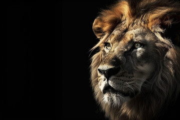Fototapeta premium Beautiful Lion Face With Big Hair On The Black Background