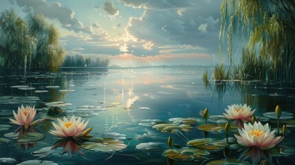 A tranquil watercolor scene featuring a serene lotus pond surrounded by lush foliage and misty reflections, evoking a sense of peace and calm