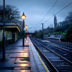 Fototapeta premium Twilight Serenity: The Calm of an Unpeopled Station at Dawn 