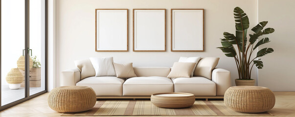 Minimalist Living Room with Neutral Tones and Mockup Frames