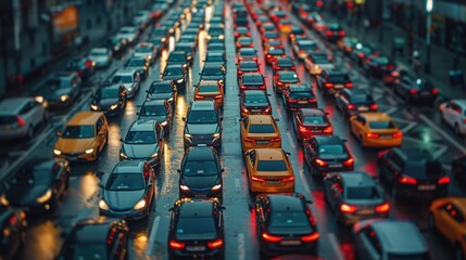 Massive traffic jam during evening rush hour with cars lined up