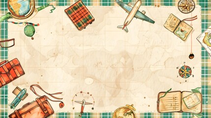 Plaid and Travel Themed Page Border with Whimsical Airplane and Map Elements