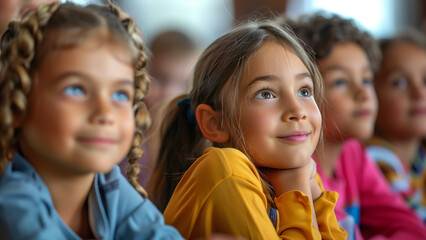 A portrait of a girl and her friends actively participating in classroom activities. For student interaction and engagement in an educational setting.
