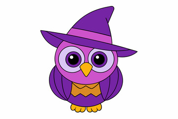 Cute Owl in Purple Witch Hat Vector Illustration - Cartoon Clipart and Line Art Design