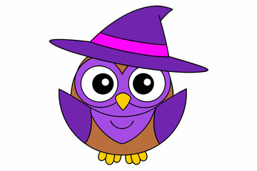 Cute Owl in Purple Witch Hat Vector Illustration - Cartoon Clipart and Line Art Design