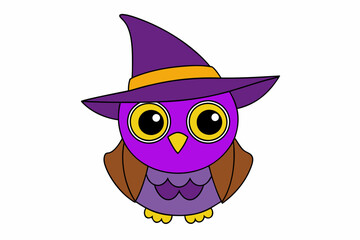 Cute Owl in Purple Witch Hat Vector Illustration - Cartoon Clipart and Line Art Design