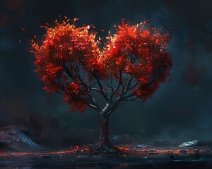 Digital painting of a heart-shaped tree with red leaves, fantasy concept art, dark background, ultra-realistic, cinematic, hyper-detailed.