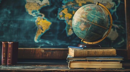 An antique globe and stack of vintage books on a wooden desk, set against a world map backdrop, evoking exploration and history.