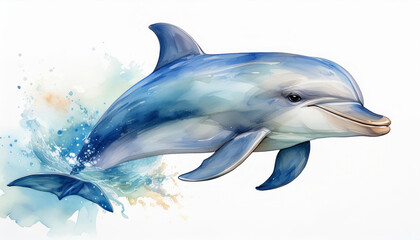 Watercolor style painting of dolphin isolated on white background. Hand drawn art.