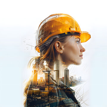 Doble exposici&oacute;n de mujer arquitecto con edificios de fondo