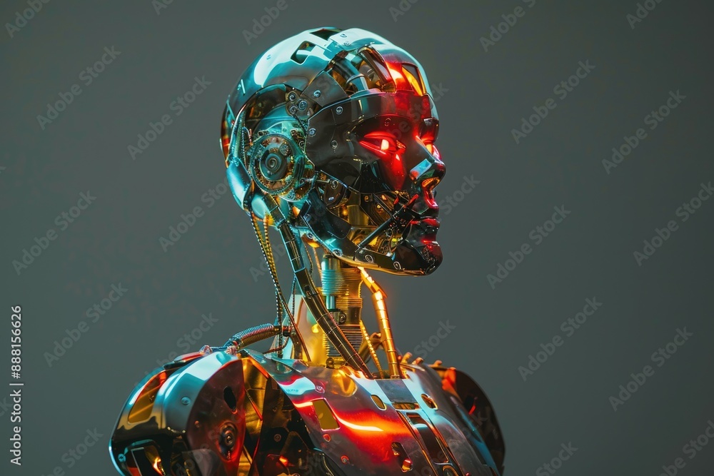 Poster a robot with glowing eyes and a shiny head, a metallic automaton robot with fluorescent accents that