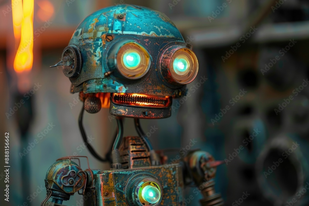 Poster an android with illuminated eyes and a reflective head, a metallic automaton robot with fluorescent 