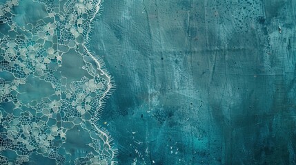 Pale brown, beige white lace border on distressed blue teal, turquoise painted wall, surface. lace dissolving into luxury, vintage textured or old aged wallpaper.