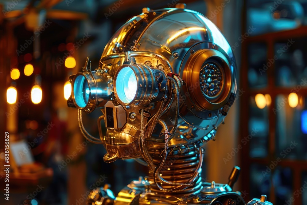Poster an android with illuminated eyes and a reflective head, a metallic automaton robot with fluorescent 